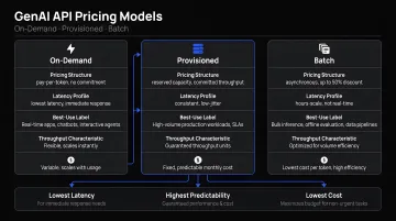 Three GenAI API pricing models on-demand provisioned and batch comparison infographic