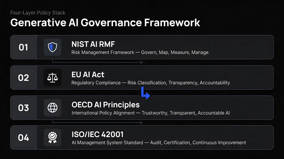 Four-layer generative AI governance framework stacking NIST EU AI Act OECD ISO