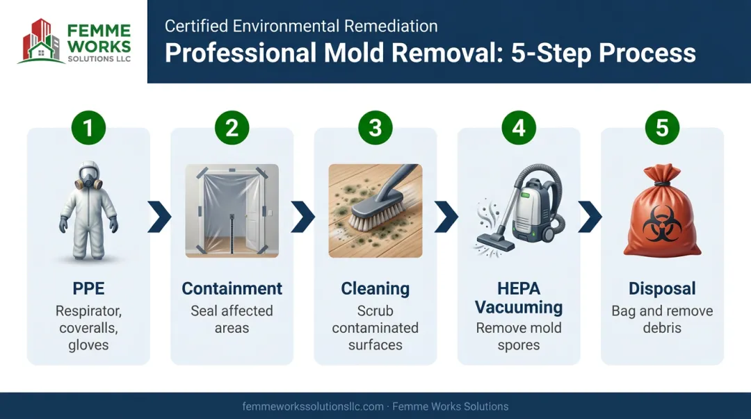 5-step professional attic mold remediation process from PPE to final disposal