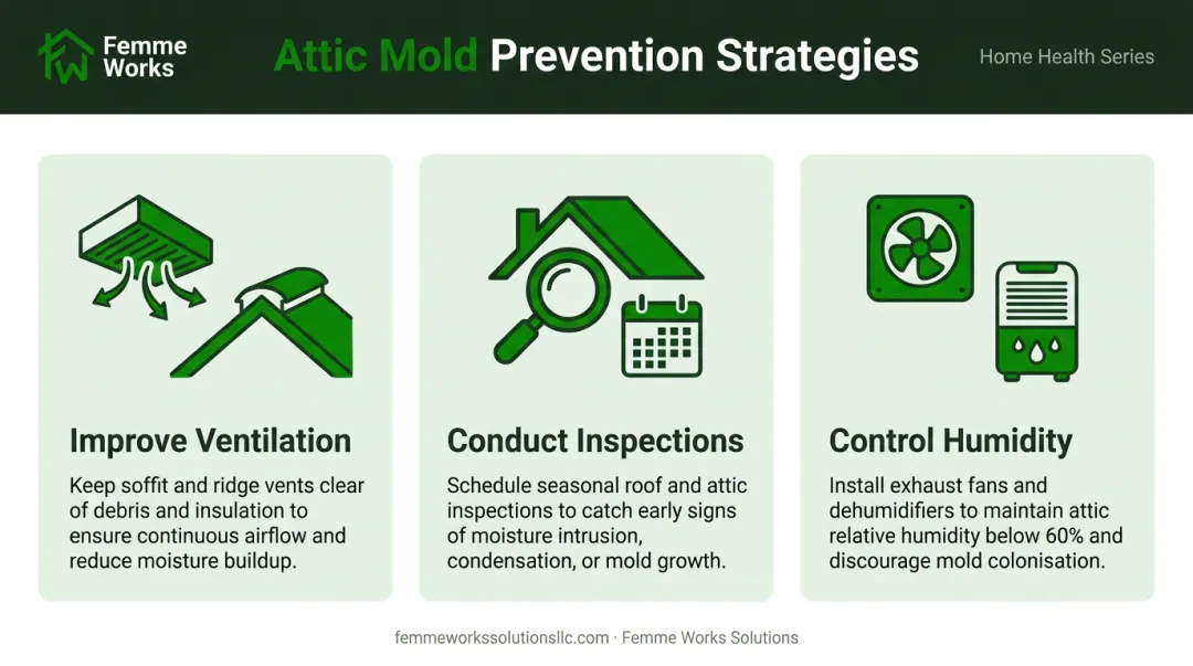 Three key strategies to prevent attic mold: ventilation, inspections, and humidity control