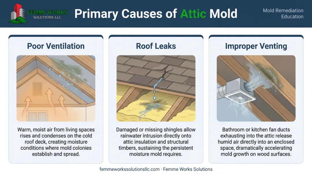 Three main causes of attic mold: poor ventilation, roof leaks, and improper venting