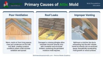 Three main causes of attic mold: poor ventilation, roof leaks, and improper venting