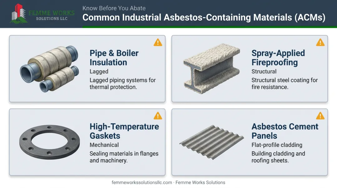 Infographic showing common industrial asbestos-containing materials like pipe insulation and fireproofing