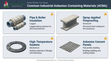 Infographic showing common industrial asbestos-containing materials like pipe insulation and fireproofing