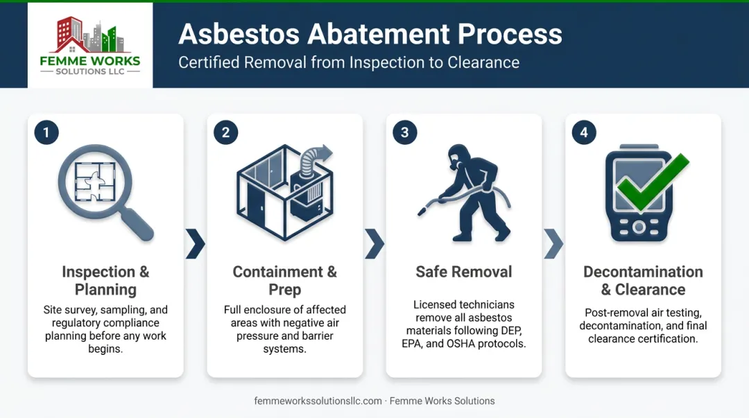 4-step industrial asbestos abatement process flow from site inspection to final clearance