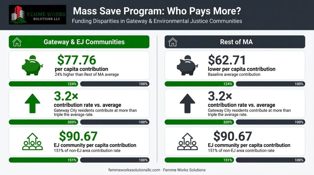 Infographic showing Mass Save financial imbalance for Gateway and EJ communities