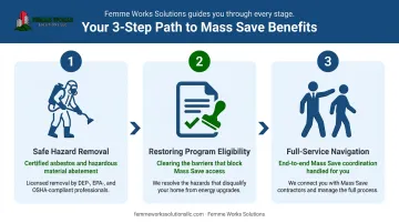 3-step process for asbestos removal to unlock Mass Save benefits infographic