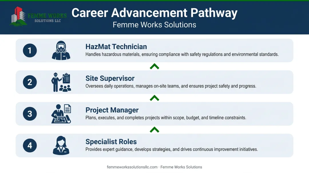 Four-stage career advancement path for HazMat workers from technician to specialist