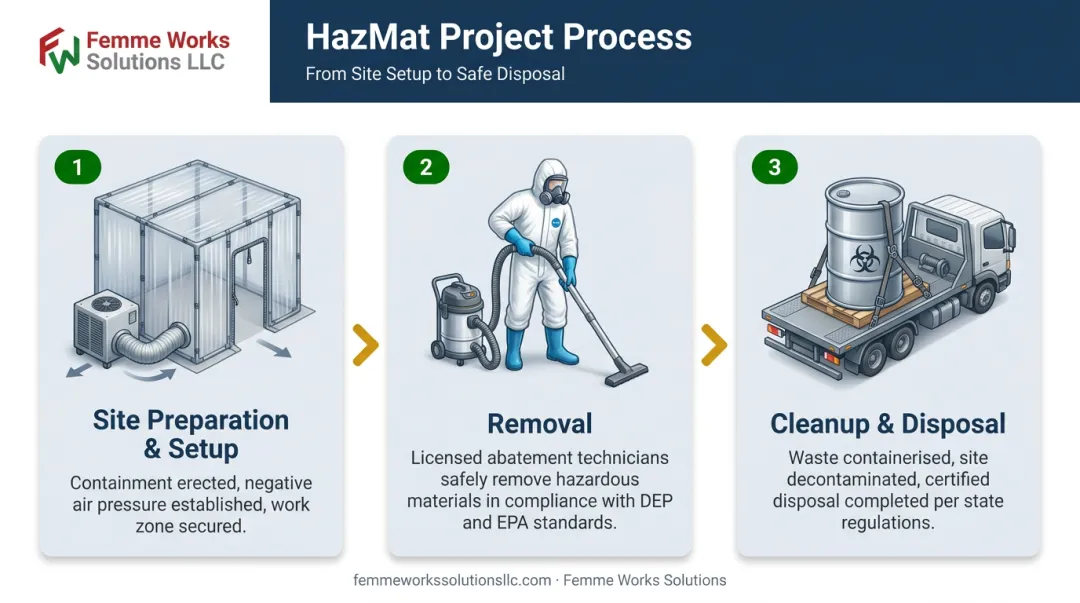 Three-step hazardous materials removal process from preparation to disposal