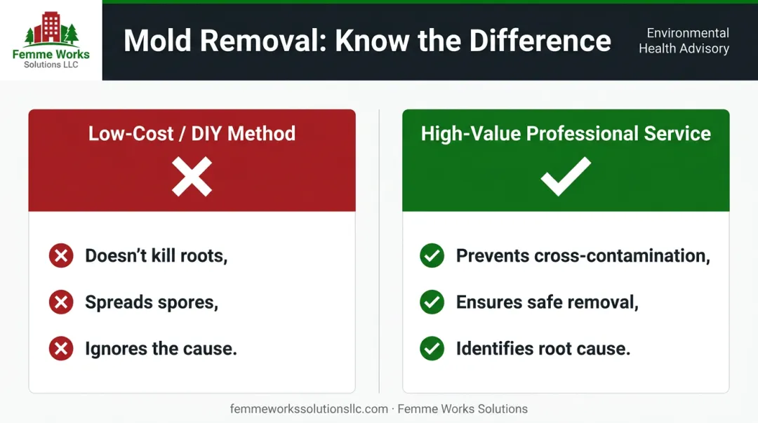 Comparing low-cost versus high-value professional mold remediation methods and outcomes