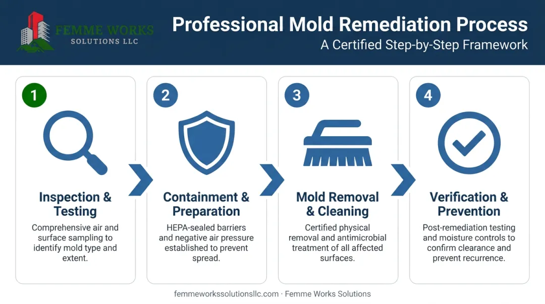 4-step professional crawl space mold remediation process flow from inspection to prevention