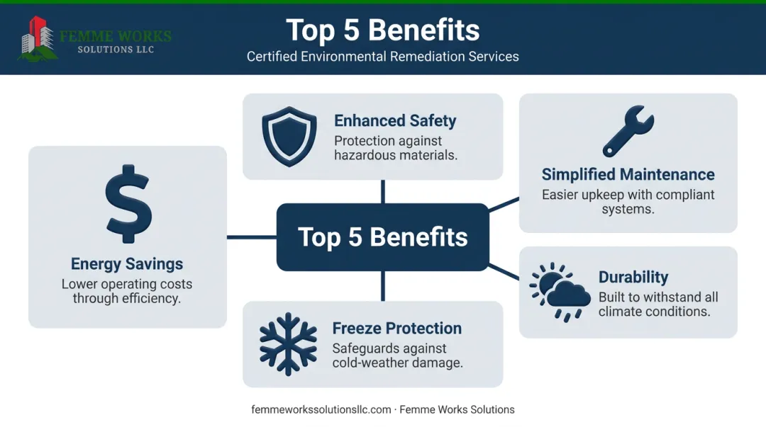 Infographic illustrating the five main benefits of removable insulation with heat trace systems