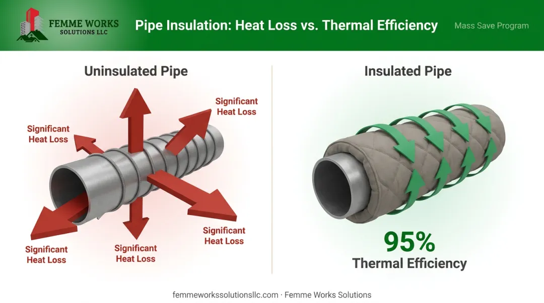 Comparison infographic showing heat loss on uninsulated vs insulated heat-traced pipes