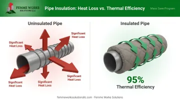Comparison infographic showing heat loss on uninsulated vs insulated heat-traced pipes