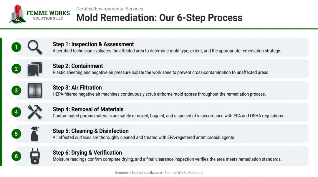 6-step professional mold remediation process from inspection to final verification