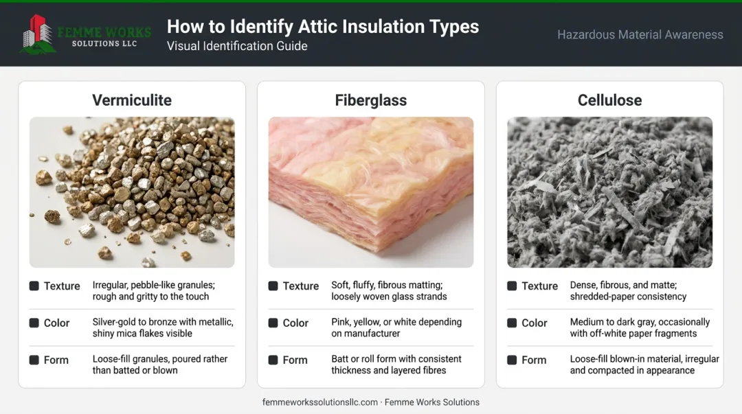 Visual comparison of vermiculite vs fiberglass and cellulose insulation types