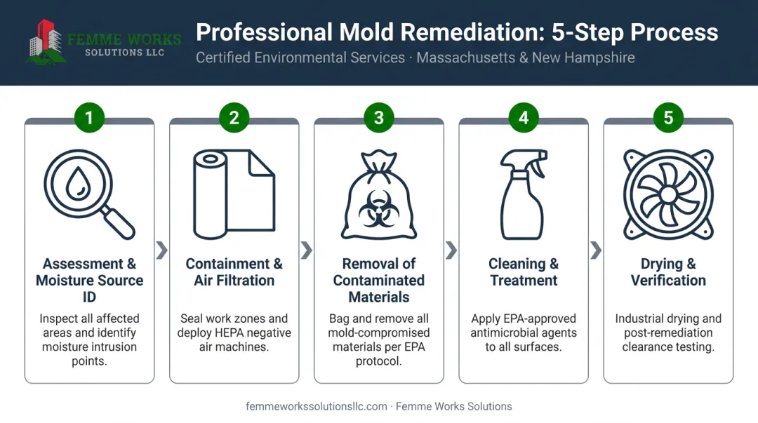 5-step professional crawl space mold remediation process flow infographic