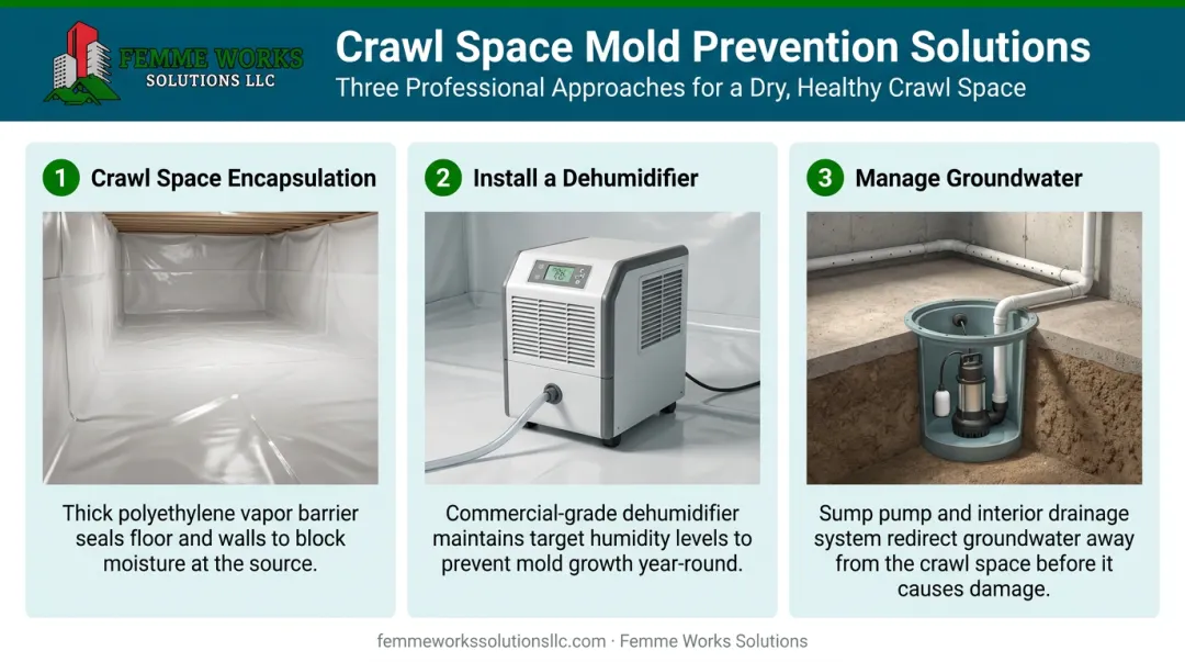 Three key methods for preventing future crawl space mold infographic