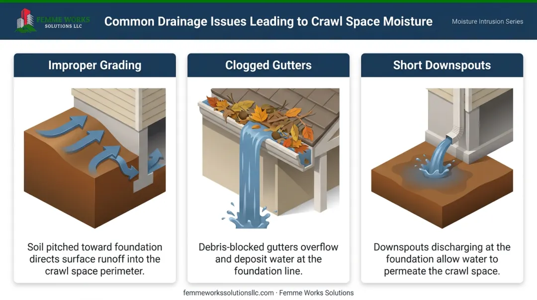 Infographic showing common exterior drainage problems that cause crawl space moisture