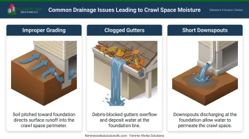 Infographic showing common exterior drainage problems that cause crawl space moisture