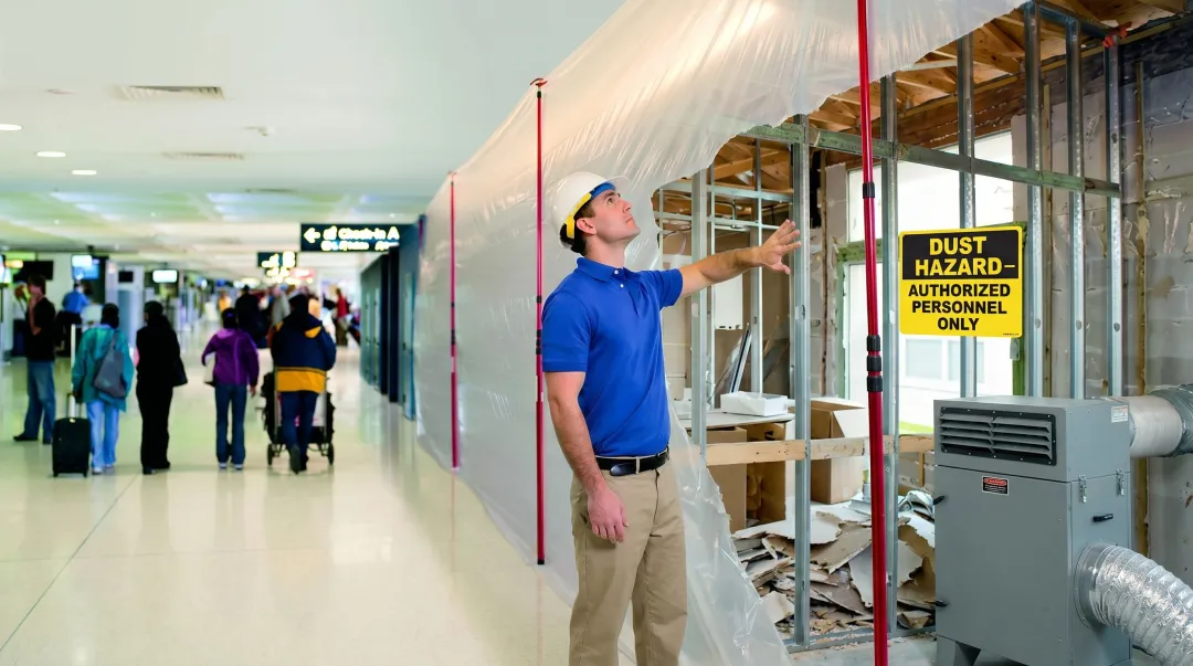 Interior demolition site in an occupied building with protective dust barriers installed