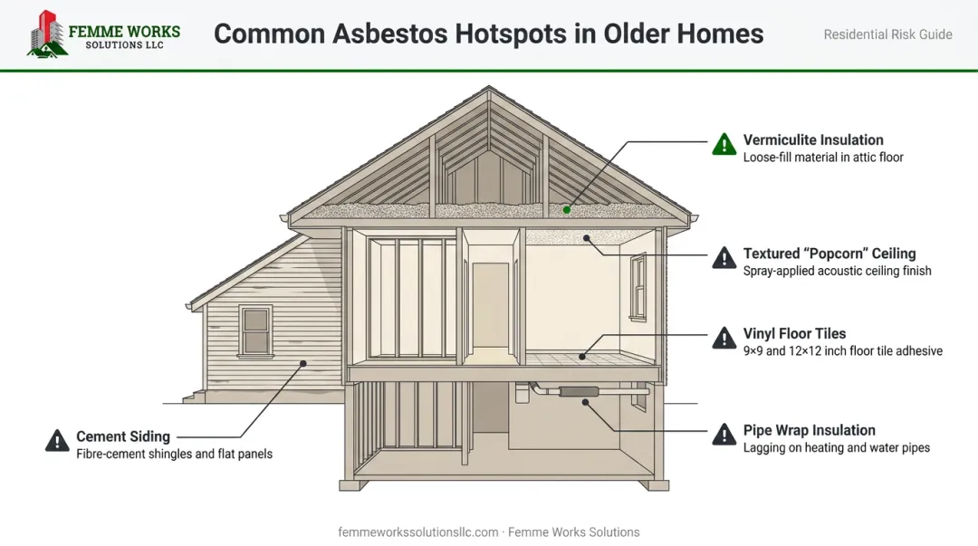 Infographic illustrating common locations of asbestos in a home cross-section diagram