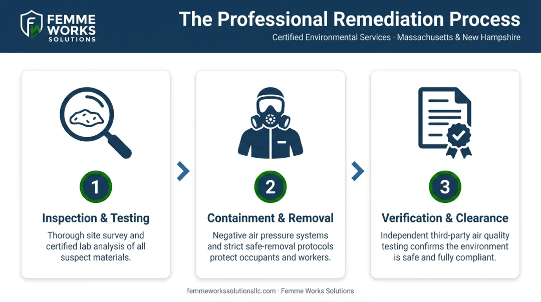 Three-step professional remediation process flow for mold and asbestos removal