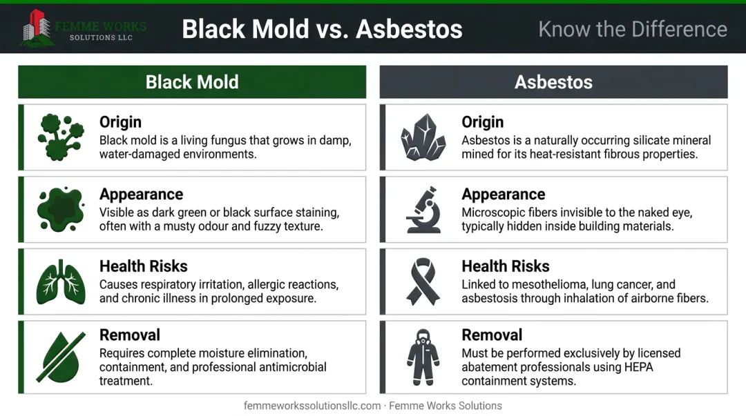 Black mold versus asbestos side-by-side comparison infographic showing key differences