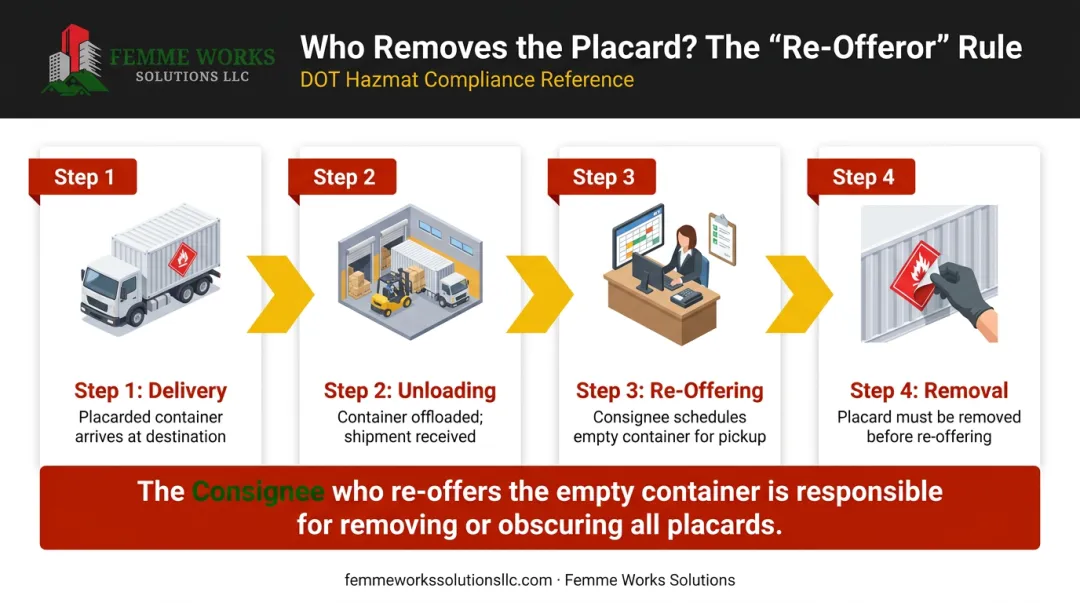 4-step process flow infographic showing hazmat placard removal responsibility