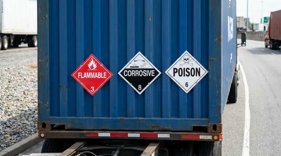 Side of a shipping container showing multiple diamond-shaped hazmat placards