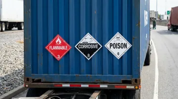 Side of a shipping container showing multiple diamond-shaped hazmat placards