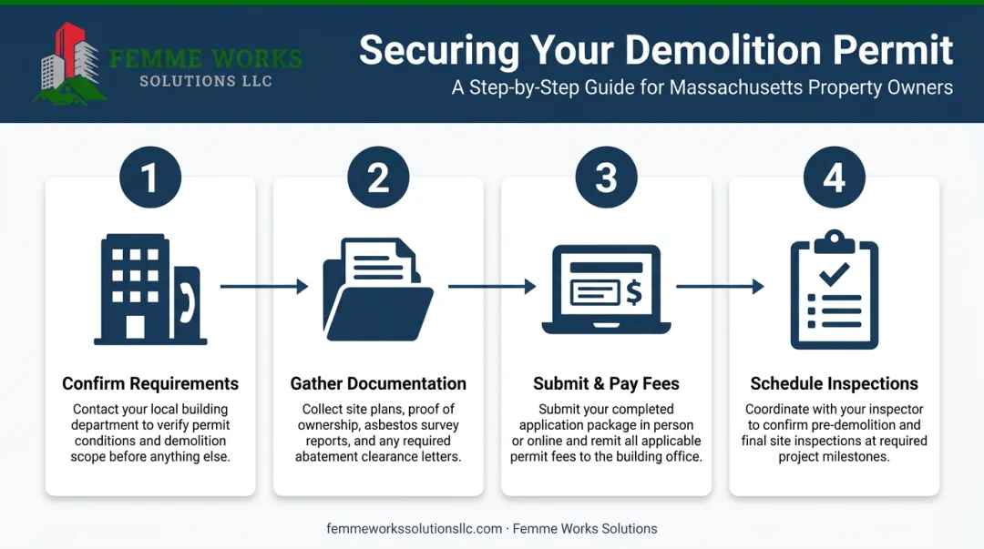 Four-step process flow for securing an interior demolition permit in Massachusetts and New Hampshire