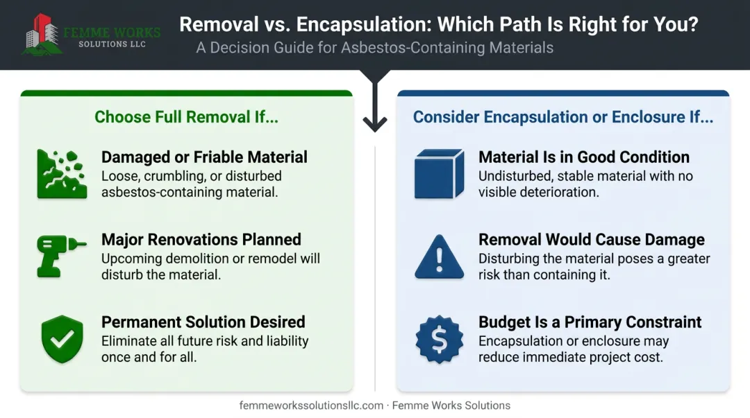 Decision-making criteria for choosing full asbestos removal versus other abatement methods