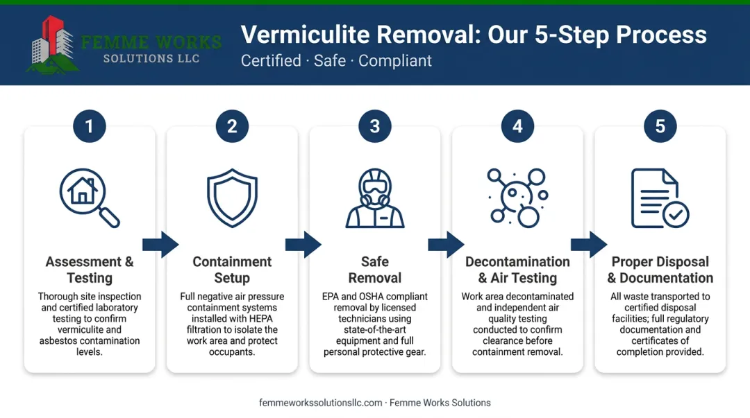 5-step professional vermiculite removal process infographic from assessment to disposal