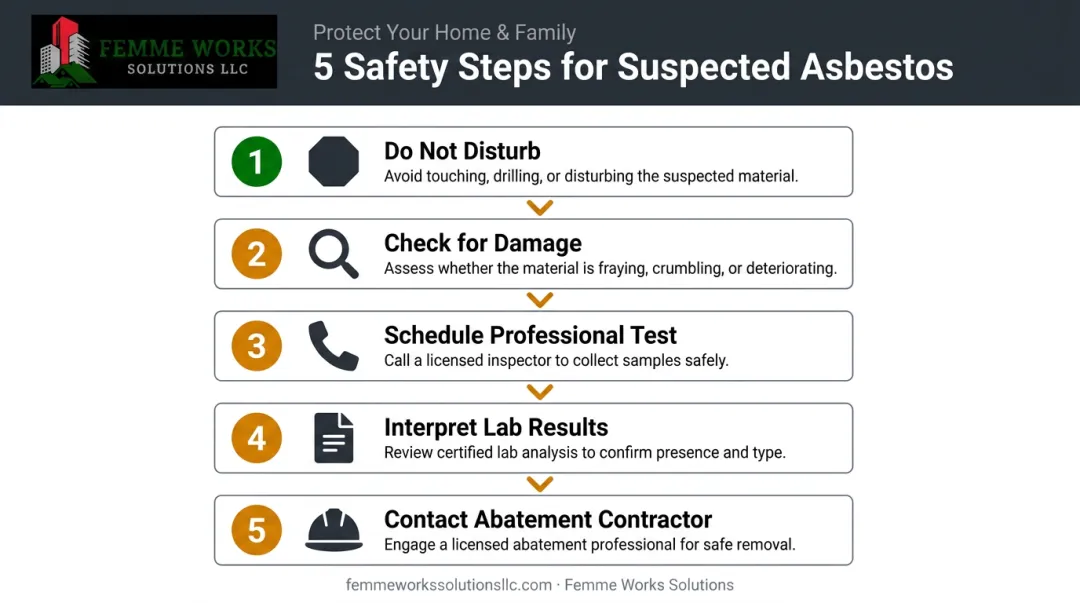 5-step safety guide for homeowners with suspected asbestos popcorn ceilings infographic