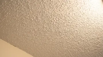 Close-up photograph of a white textured popcorn ceiling in an older home