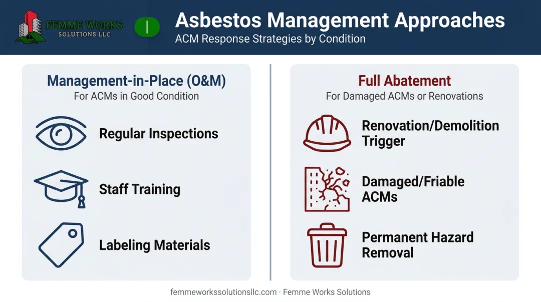 Asbestos abatement versus management-in-place O&amp;M program comparison infographic