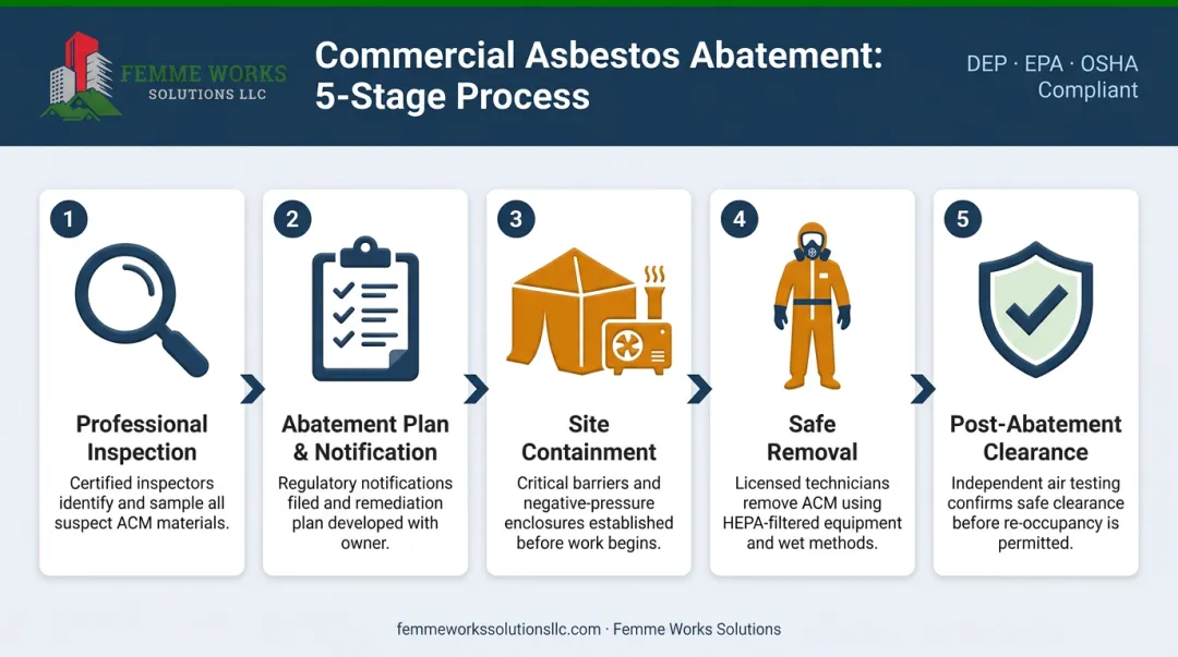 5-step commercial asbestos abatement process from inspection to final clearance