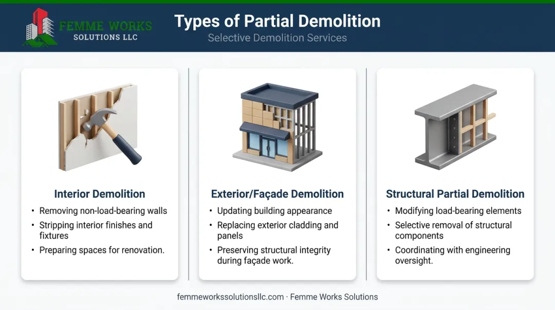 Three types of partial commercial demolition with icons and key descriptions