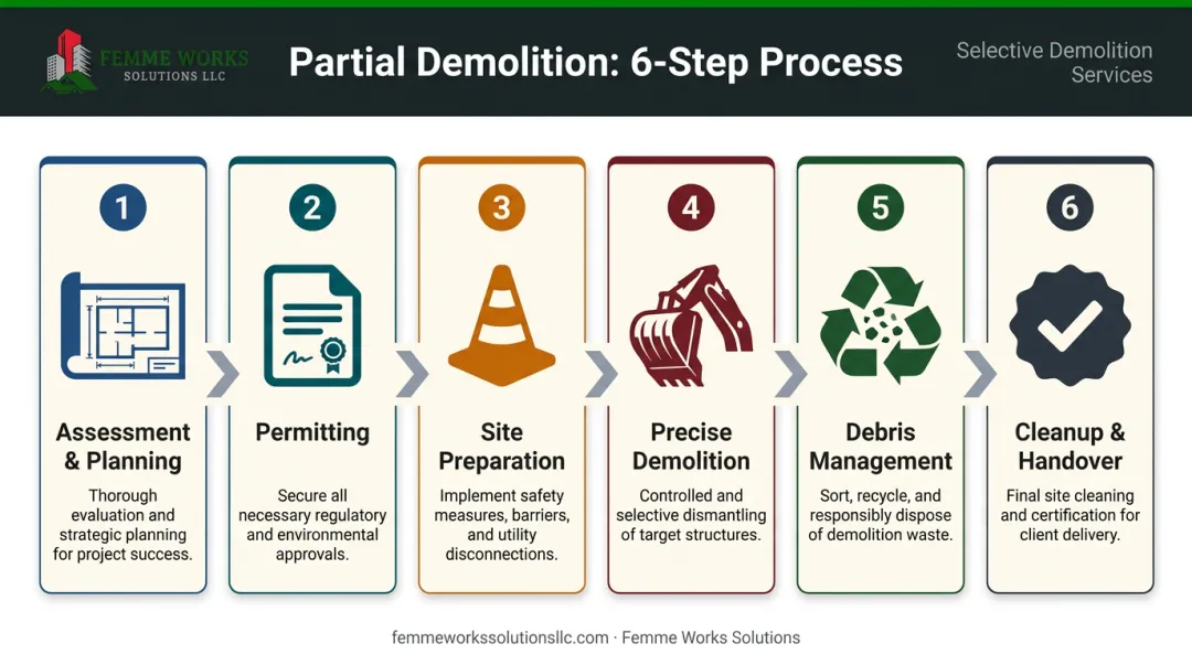 Six-step partial commercial demolition process from planning to site handover
