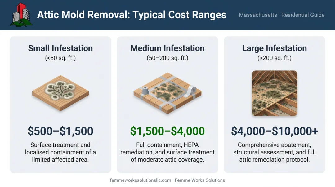 Attic mold remediation work showing containment setup and professional equipment