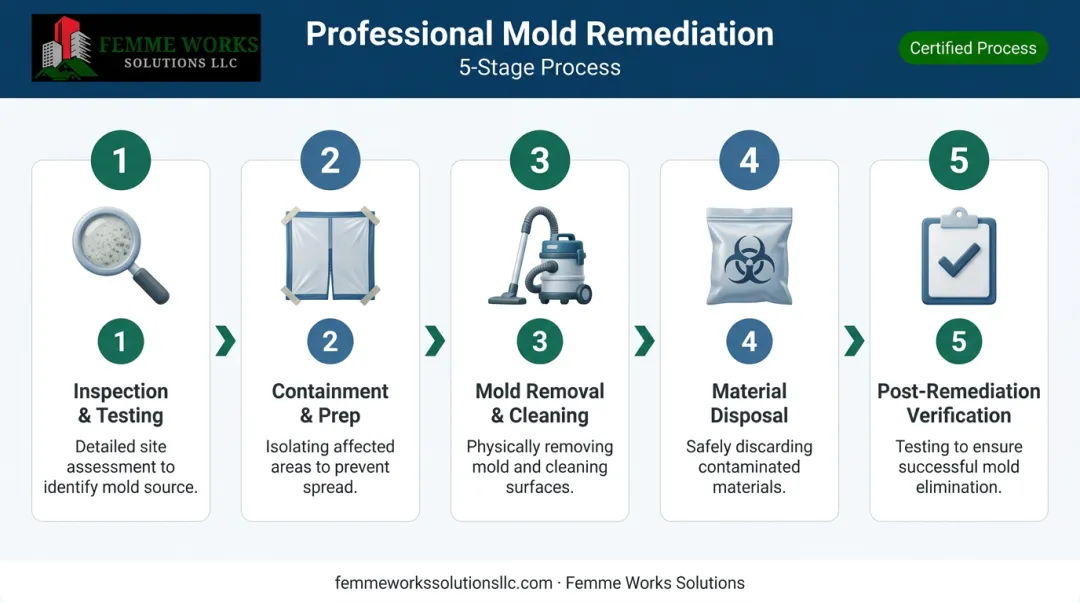 5-step professional attic mold remediation process flow from inspection to verification
