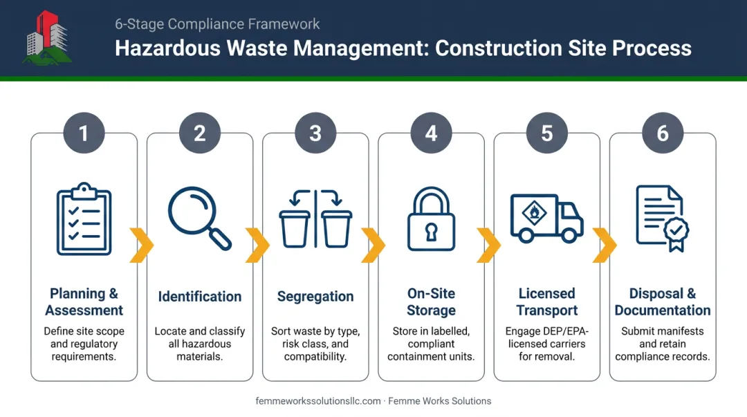 6-step hazardous waste management process flow from planning to disposal