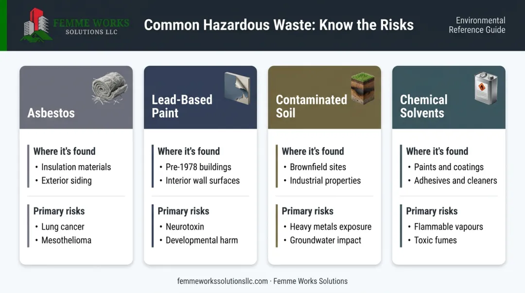 Infographic of common hazardous construction wastes with examples and risks