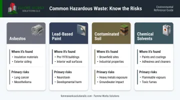 Infographic of common hazardous construction wastes with examples and risks