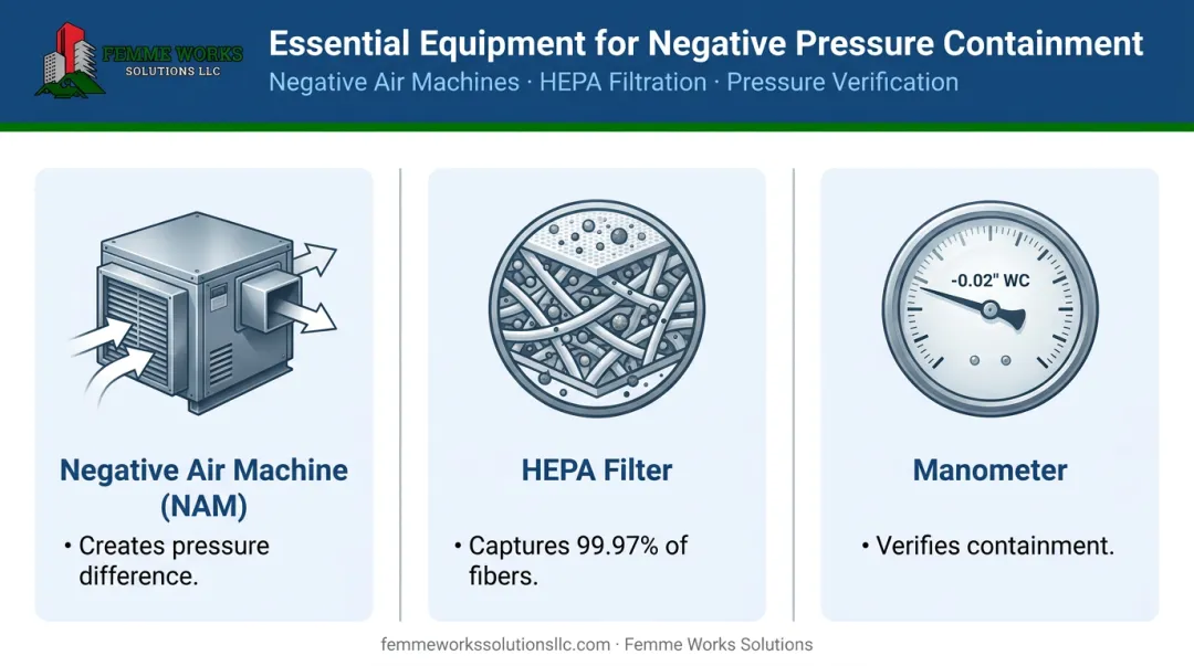 Essential equipment for asbestos negative pressure containment infographic with key features