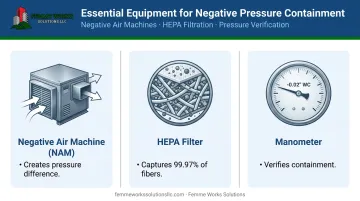 Essential equipment for asbestos negative pressure containment infographic with key features