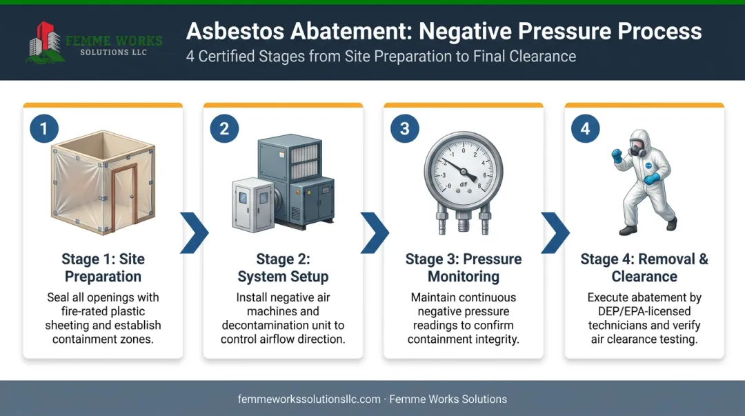 4-step negative pressure asbestos abatement process flow diagram infographic