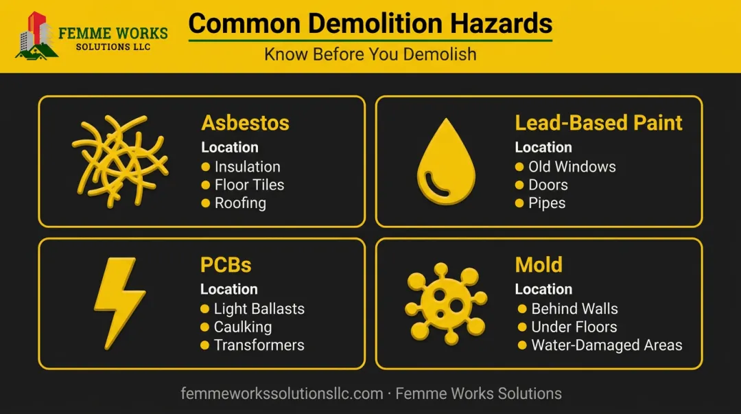 Infographic of four common hazardous materials found in building demolition sites
