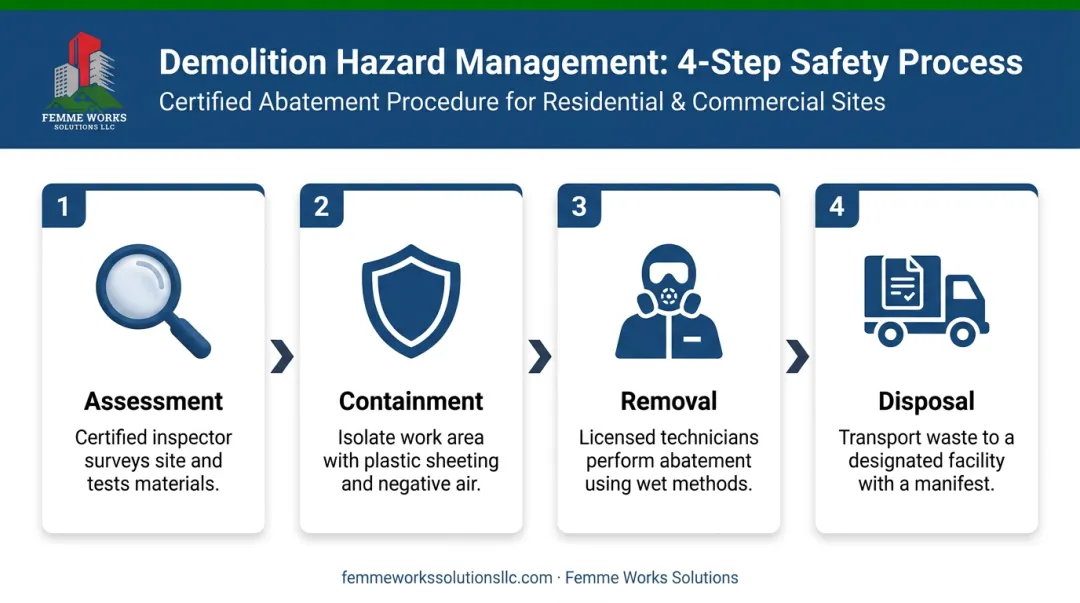 Four-step process for safe hazardous material management in demolition infographic
